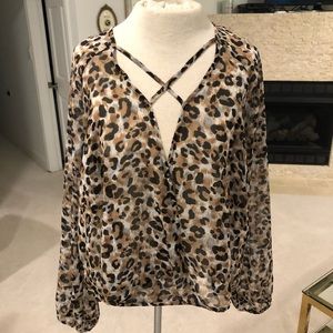 Sheer Leopard Print Criss Cross Blouse NWOT